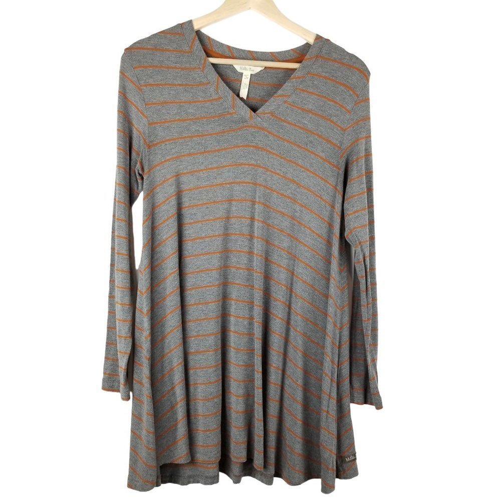 Matilda Jane Small Gray Orange Tunic Swing Top Jersey Knit Blouse Stripes V-neck